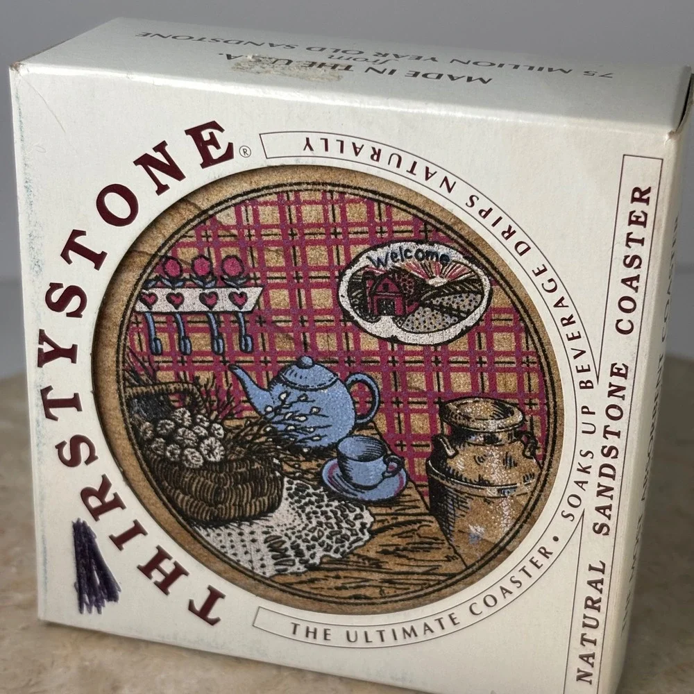 Thirstystone Sandstone Coasters Set of‎ 4 Tan Country Kitchen Teapot Plaid 1994